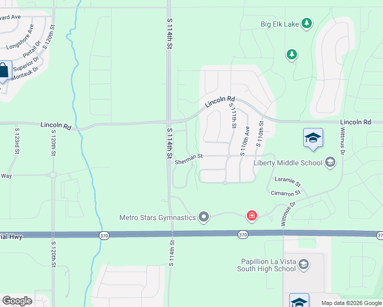 map of restaurants, bars, coffee shops, grocery stores, and more near 11290 Sherman Street in Papillion