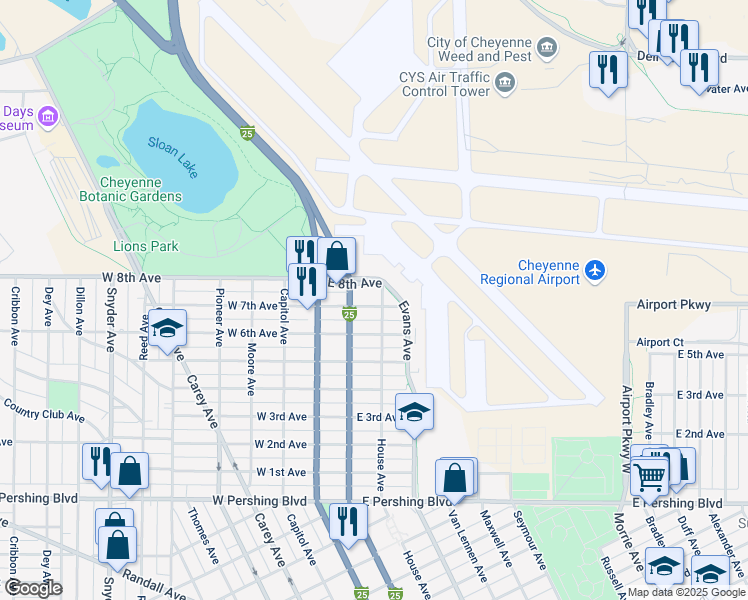 map of restaurants, bars, coffee shops, grocery stores, and more near 4000 House Avenue in Cheyenne