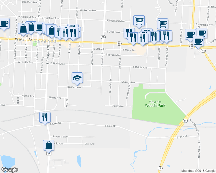map of restaurants, bars, coffee shops, grocery stores, and more near 444 Rosedale Street in Ravenna