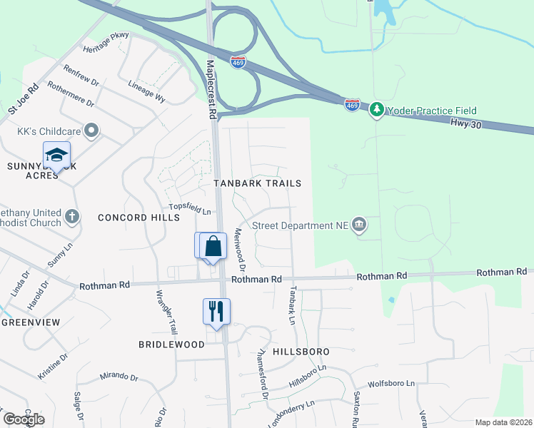map of restaurants, bars, coffee shops, grocery stores, and more near 6420 Woodthrush Drive in Fort Wayne