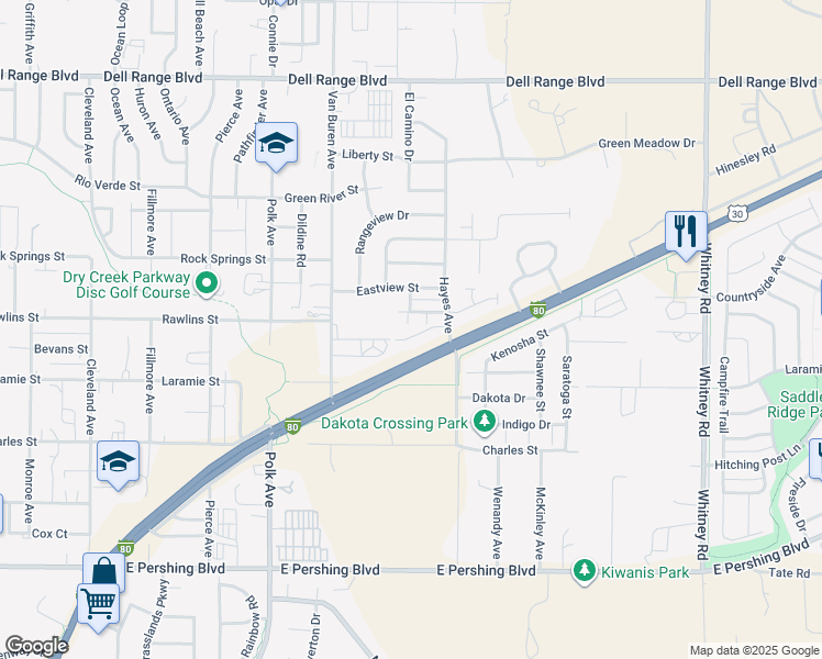 map of restaurants, bars, coffee shops, grocery stores, and more near 5409 Imperial Court in Cheyenne