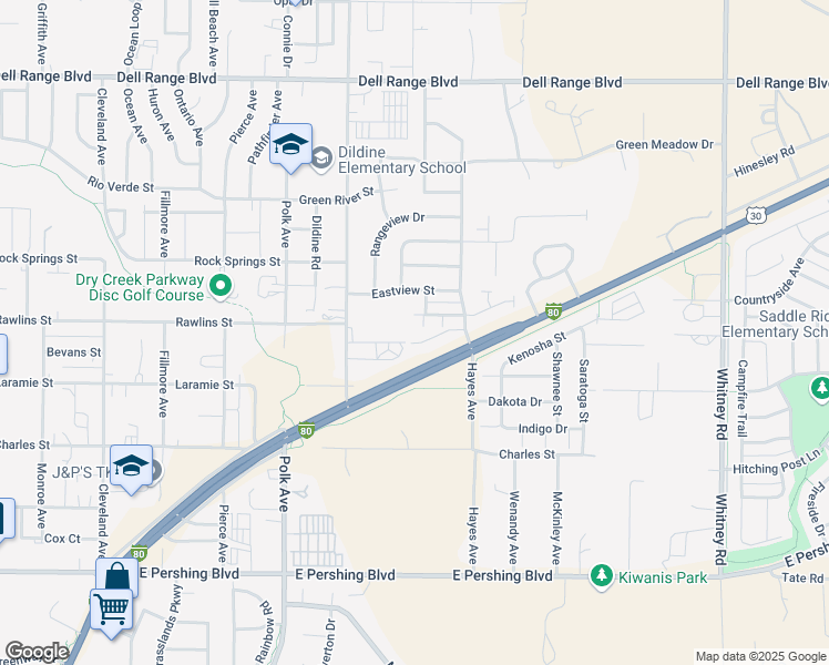 map of restaurants, bars, coffee shops, grocery stores, and more near 5400 Carter Road in Cheyenne