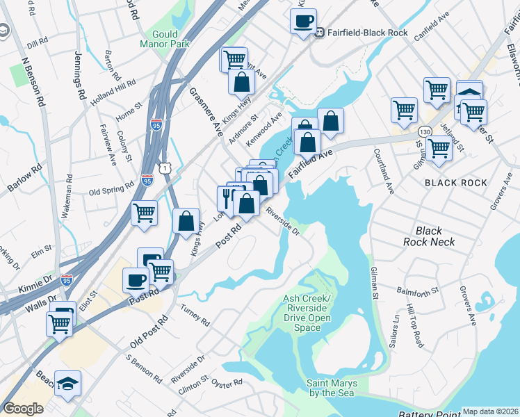 map of restaurants, bars, coffee shops, grocery stores, and more near 122 Post Road in Fairfield