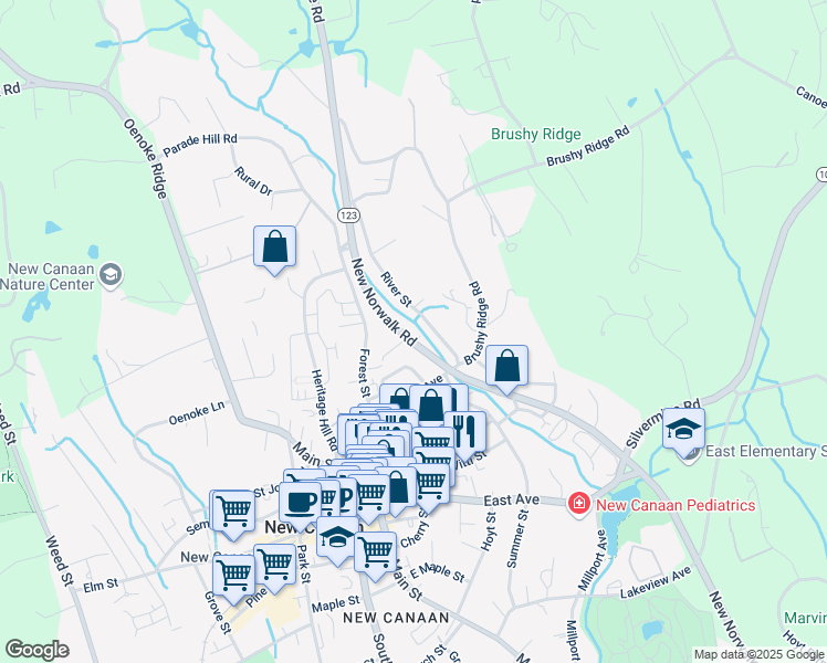 map of restaurants, bars, coffee shops, grocery stores, and more near 100 New Norwalk Road in New Canaan