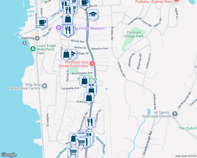 map of restaurants, bars, coffee shops, grocery stores, and more near 111 South Highland Avenue in Ossining