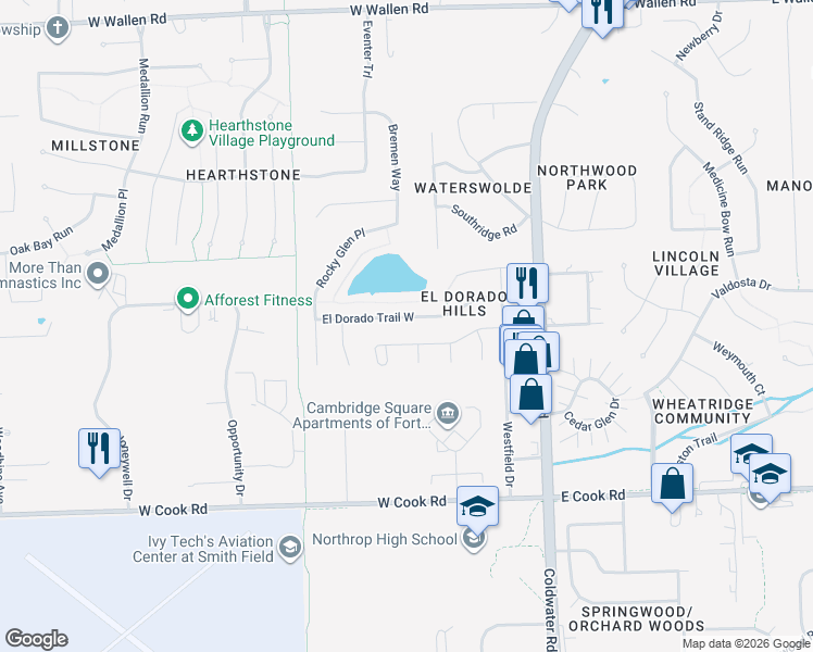 map of restaurants, bars, coffee shops, grocery stores, and more near 102 El Dorado Trail East in Fort Wayne