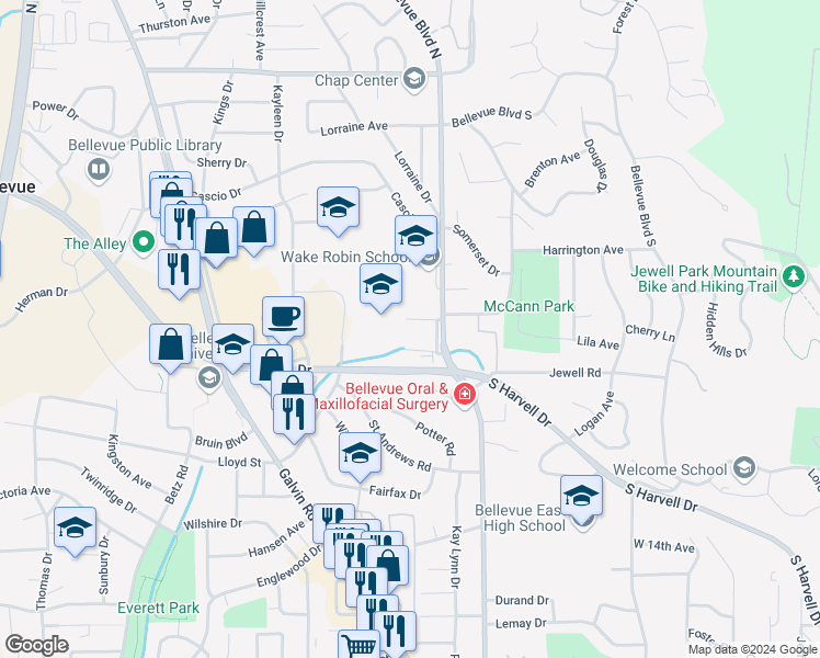 map of restaurants, bars, coffee shops, grocery stores, and more near 824 Lincoln Road in Bellevue