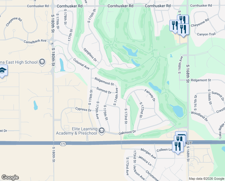map of restaurants, bars, coffee shops, grocery stores, and more near 17452 Summit Drive in Omaha