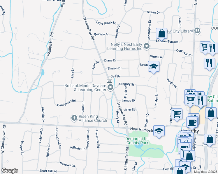 map of restaurants, bars, coffee shops, grocery stores, and more near 75 North Little Tor Road in New City