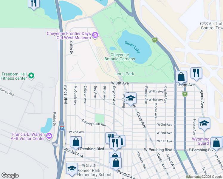 map of restaurants, bars, coffee shops, grocery stores, and more near 4004 Snyder Avenue in Cheyenne