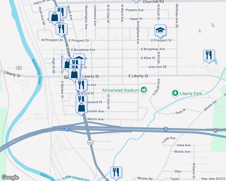 map of restaurants, bars, coffee shops, grocery stores, and more near 214 E 2nd St in Girard