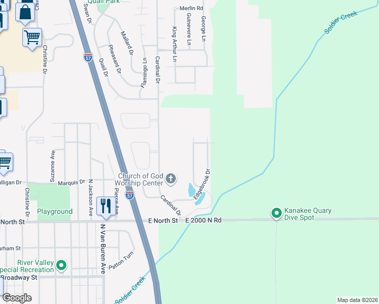 map of restaurants, bars, coffee shops, grocery stores, and more near 477 Prince Valiant Lane in Bourbonnais