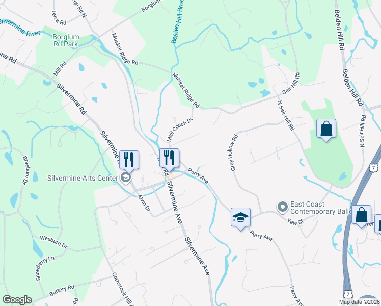 map of restaurants, bars, coffee shops, grocery stores, and more near 6 Old Kings Highway in Norwalk