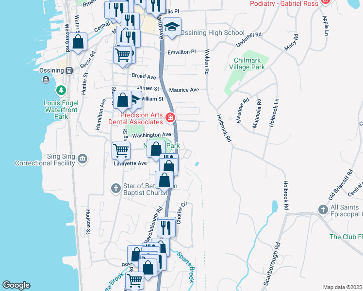 map of restaurants, bars, coffee shops, grocery stores, and more near 117 South Highland Avenue in Ossining