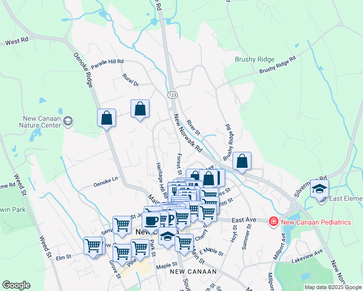 map of restaurants, bars, coffee shops, grocery stores, and more near 137 Forest Street in New Canaan