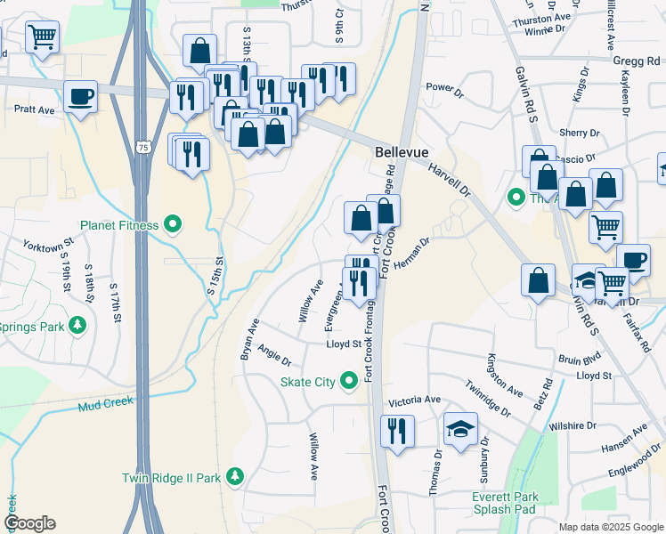 map of restaurants, bars, coffee shops, grocery stores, and more near 2707 Bryan Avenue in Bellevue