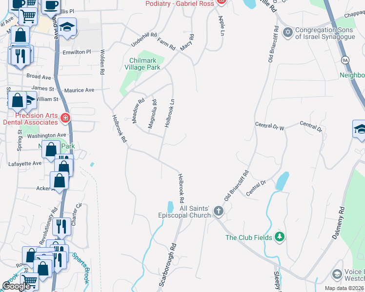 map of restaurants, bars, coffee shops, grocery stores, and more near 28 Argyle Place in Briarcliff Manor