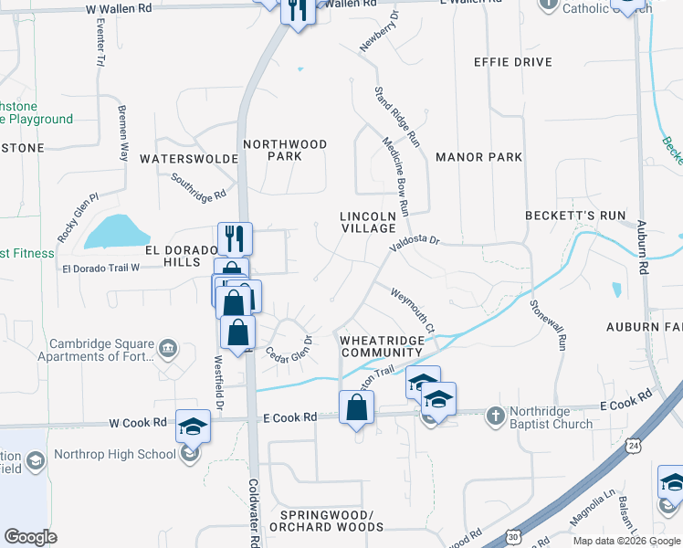 map of restaurants, bars, coffee shops, grocery stores, and more near 7915 Hidden Hills Pl in Fort Wayne