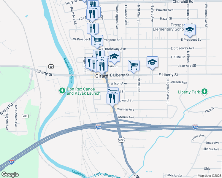 map of restaurants, bars, coffee shops, grocery stores, and more near 14 West 2nd Street in McDonald
