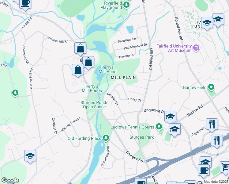 map of restaurants, bars, coffee shops, grocery stores, and more near 315 Henry Street in Fairfield