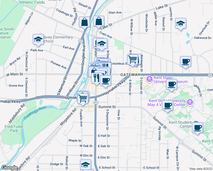 map of restaurants, bars, coffee shops, grocery stores, and more near 100 East Erie Street in Kent