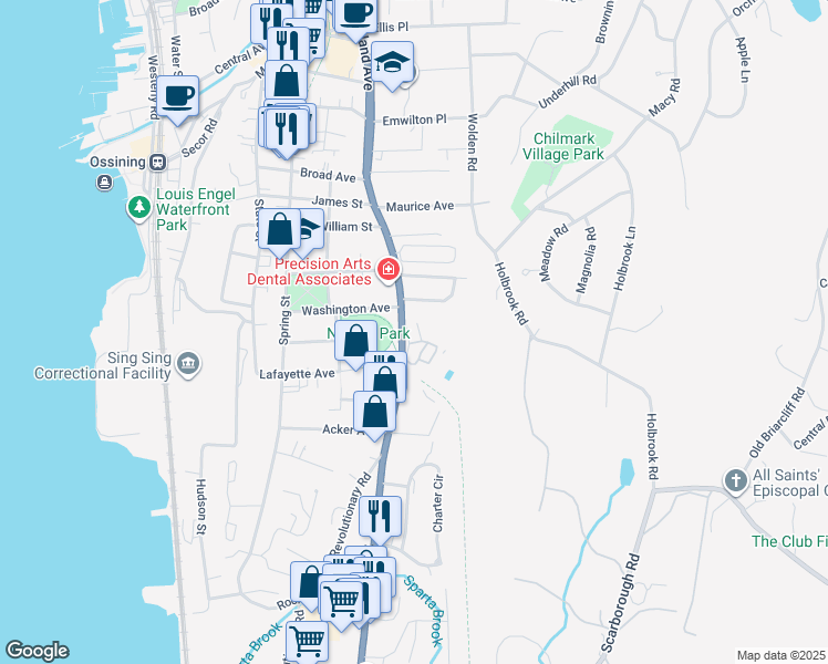 map of restaurants, bars, coffee shops, grocery stores, and more near 117 South Highland Avenue in Ossining