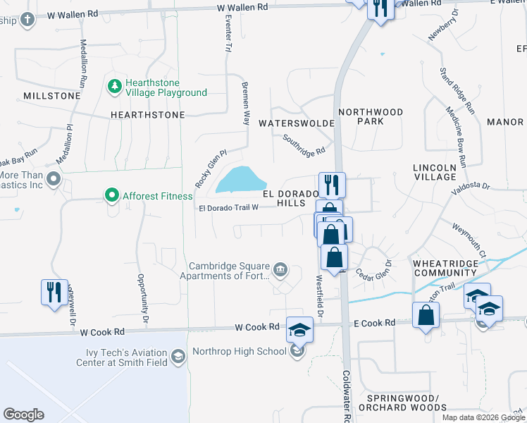 map of restaurants, bars, coffee shops, grocery stores, and more near 102 El Dorado Trail East in Fort Wayne