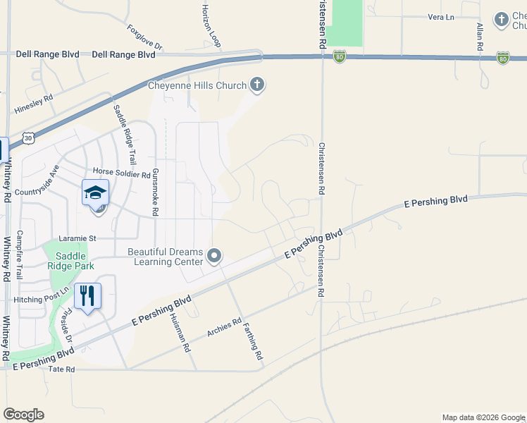 map of restaurants, bars, coffee shops, grocery stores, and more near 7858 East Pershing Boulevard in Cheyenne