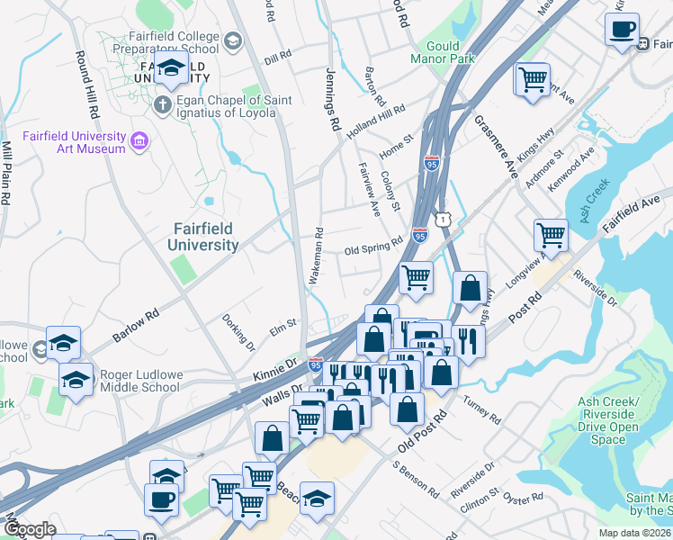 map of restaurants, bars, coffee shops, grocery stores, and more near 135 Edge Hill Road in Fairfield