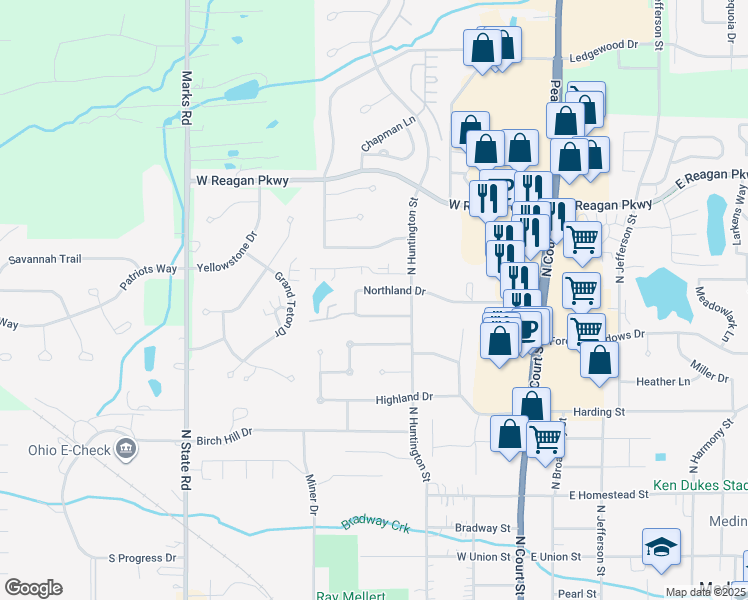 map of restaurants, bars, coffee shops, grocery stores, and more near 336 Northland Dr in Medina