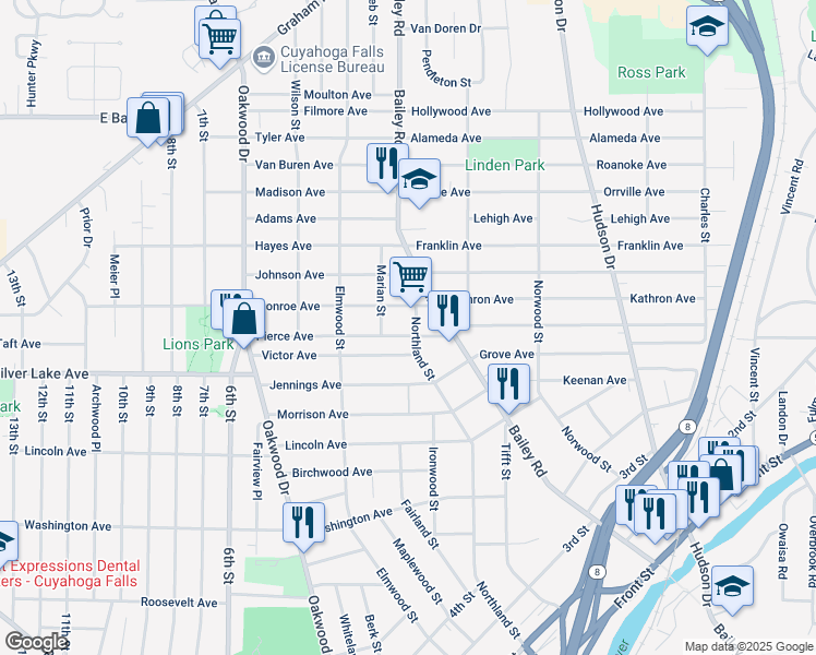 map of restaurants, bars, coffee shops, grocery stores, and more near 53 Pierce Avenue in Cuyahoga Falls