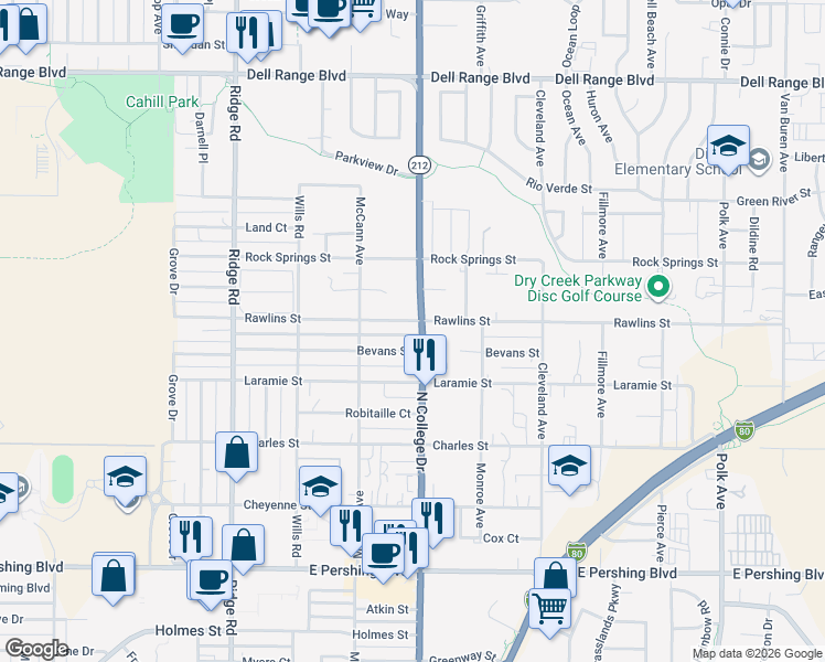 map of restaurants, bars, coffee shops, grocery stores, and more near 3714 North College Drive in Cheyenne