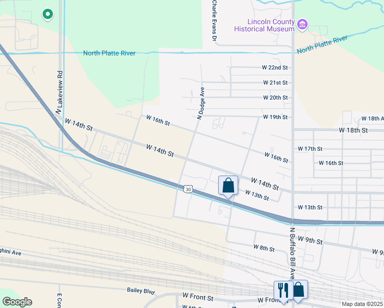 map of restaurants, bars, coffee shops, grocery stores, and more near 1411 North Dodge Avenue in North Platte
