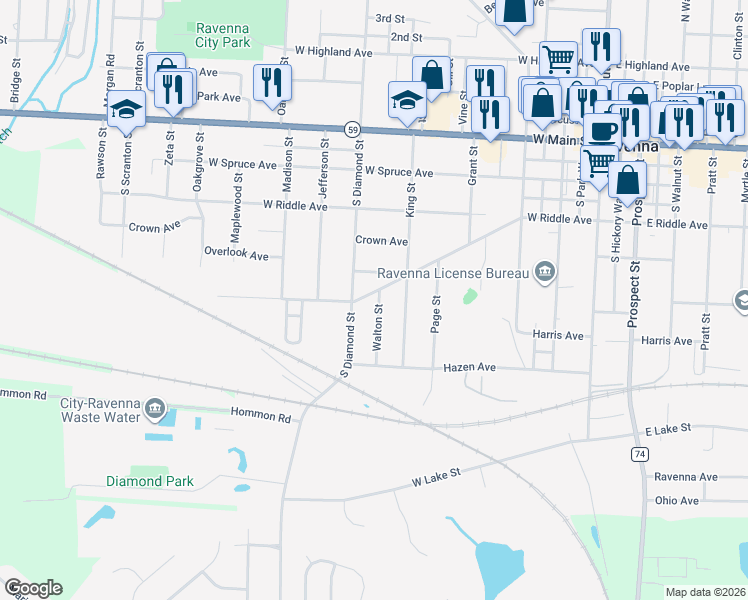 map of restaurants, bars, coffee shops, grocery stores, and more near 653 Mill Road in Ravenna