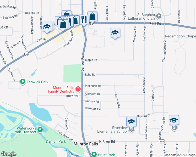 map of restaurants, bars, coffee shops, grocery stores, and more near 1956 Echo Road in Stow
