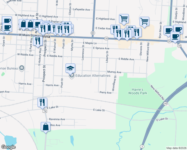 map of restaurants, bars, coffee shops, grocery stores, and more near 444 South Freedom Street in Ravenna