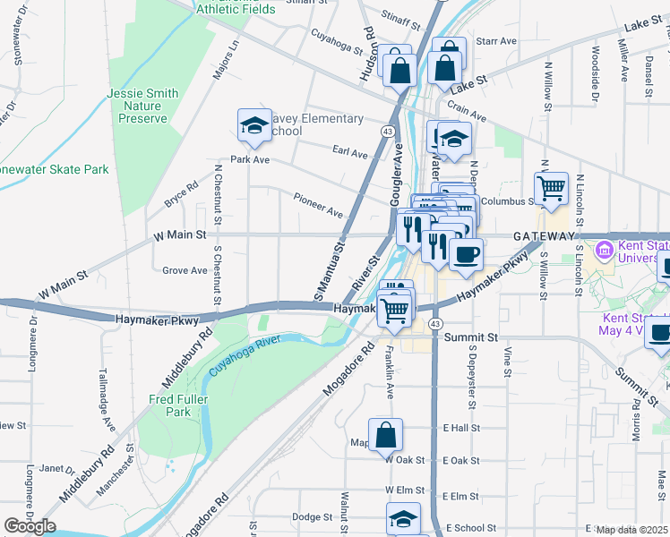 map of restaurants, bars, coffee shops, grocery stores, and more near 141 South Mantua Street in Kent