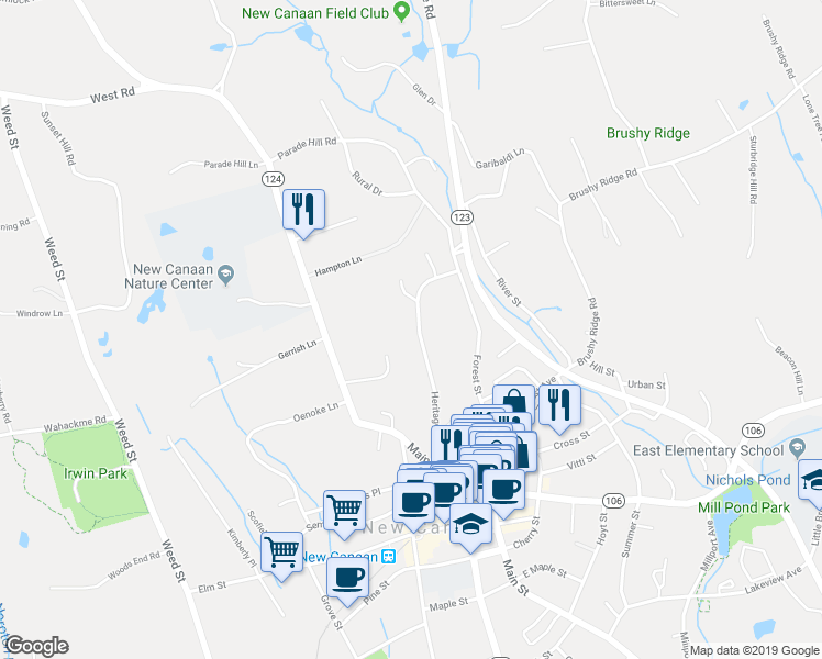 map of restaurants, bars, coffee shops, grocery stores, and more near 122 Heritage Hill Road in New Canaan