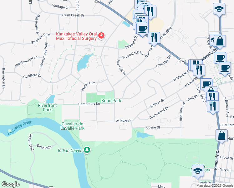 map of restaurants, bars, coffee shops, grocery stores, and more near 150 William R Latham Senior Drive in Bourbonnais