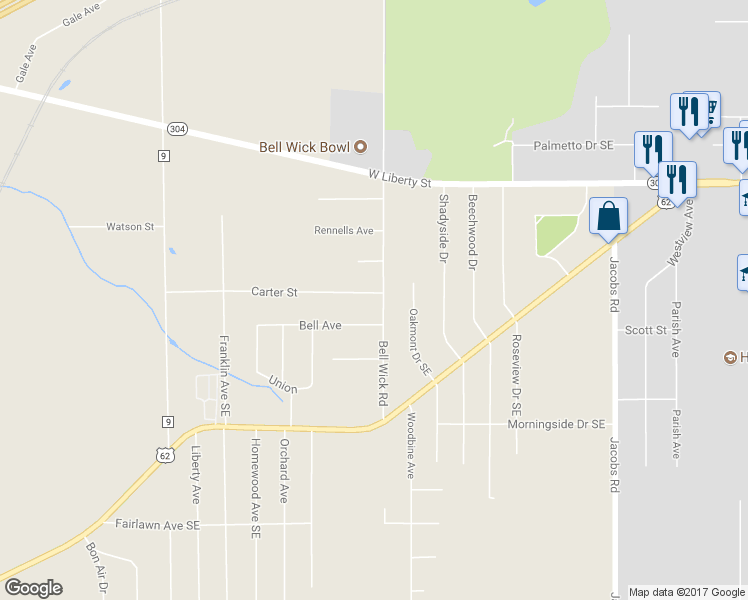 map of restaurants, bars, coffee shops, grocery stores, and more near 3332 Bell Wick Road in Hubbard