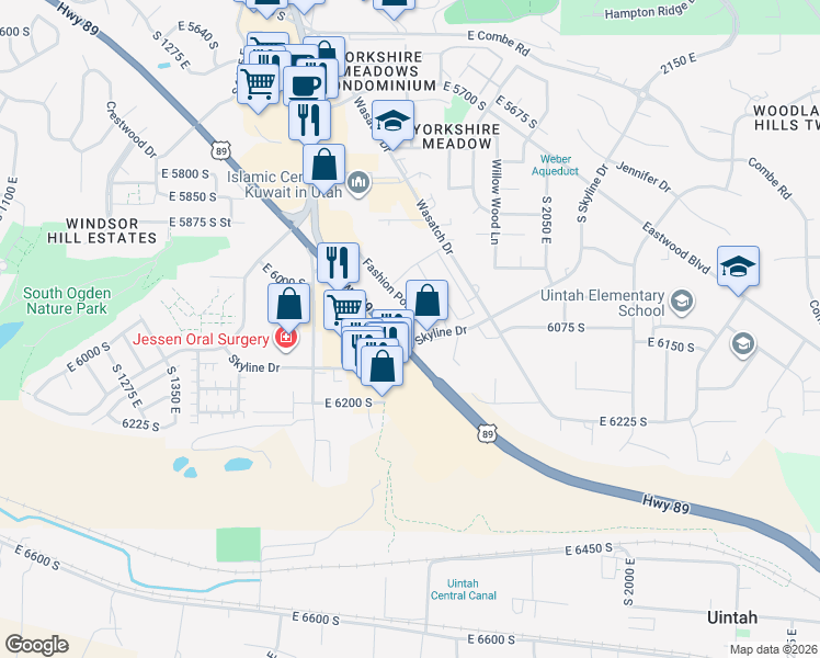 map of restaurants, bars, coffee shops, grocery stores, and more near 1840 Skyline Drive in South Ogden