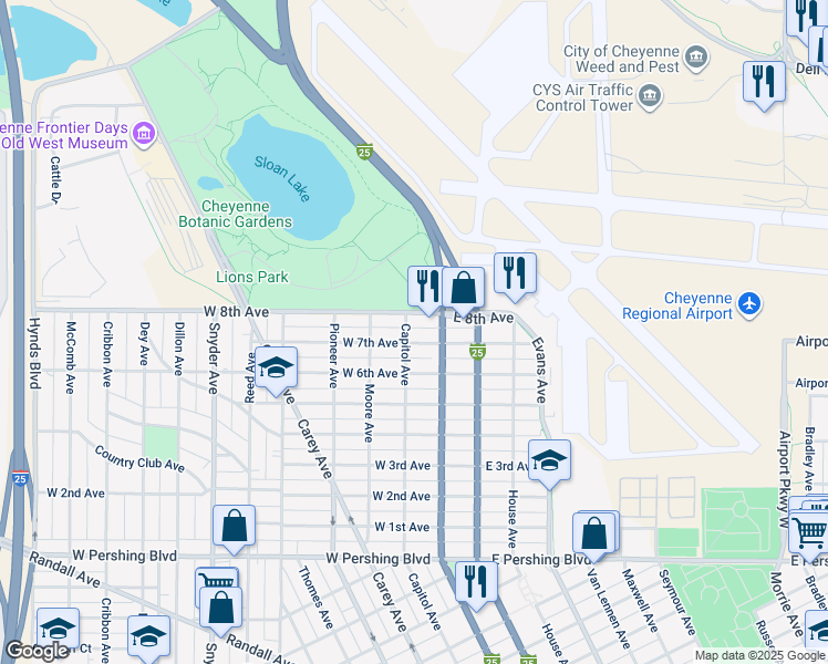 map of restaurants, bars, coffee shops, grocery stores, and more near 4000 Central Avenue in Cheyenne