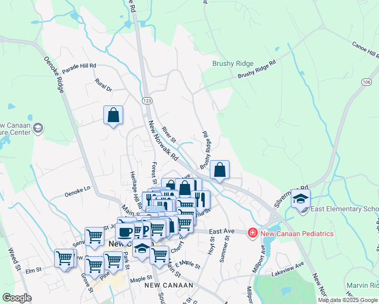 map of restaurants, bars, coffee shops, grocery stores, and more near 23 River Street in New Canaan