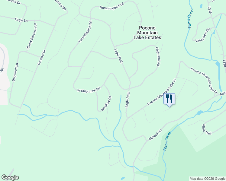 map of restaurants, bars, coffee shops, grocery stores, and more near Swallow Circle in Bushkill