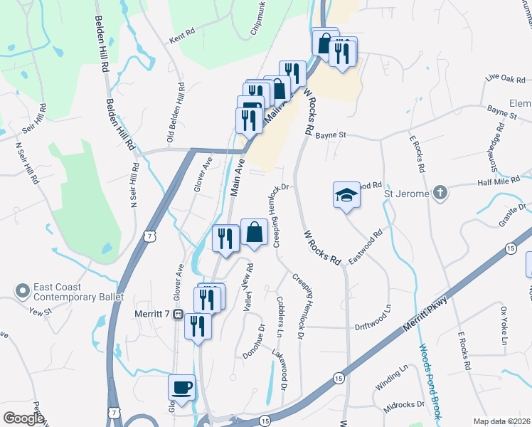 map of restaurants, bars, coffee shops, grocery stores, and more near 15 Creeping Hemlock Drive in Norwalk