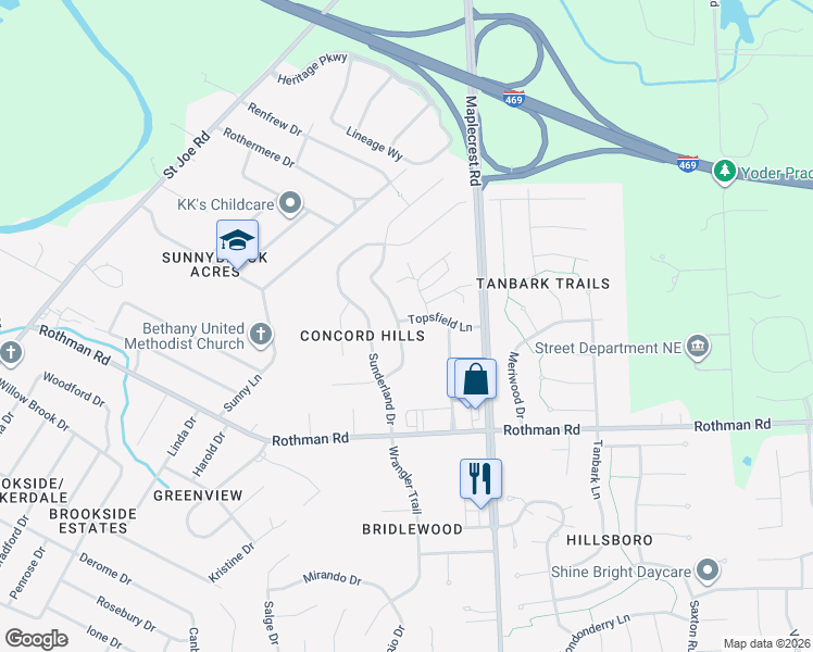 map of restaurants, bars, coffee shops, grocery stores, and more near 7724 Brookfield Dr in Fort Wayne