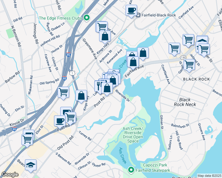 map of restaurants, bars, coffee shops, grocery stores, and more near 122 Post Road in Fairfield