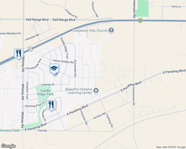 map of restaurants, bars, coffee shops, grocery stores, and more near Wilderness Trail in Cheyenne