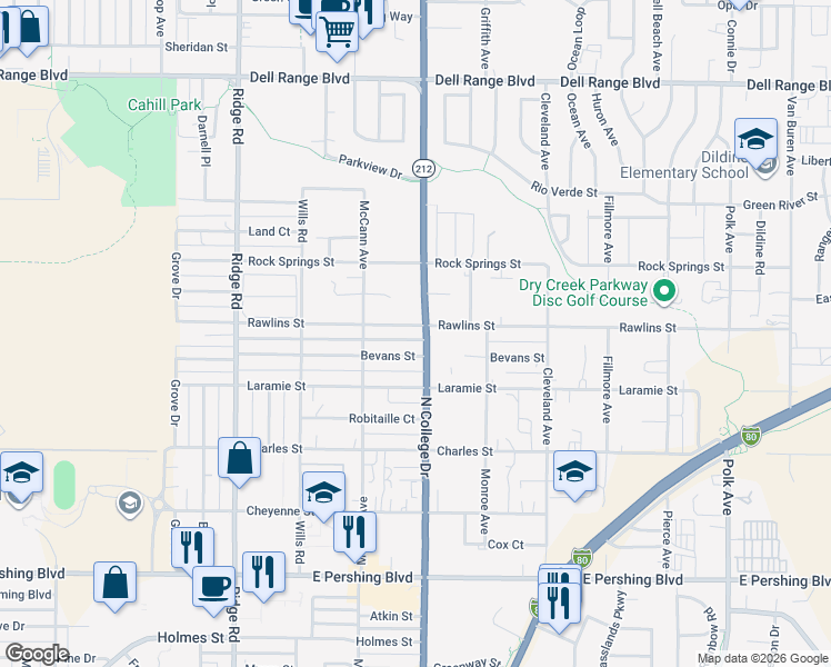 map of restaurants, bars, coffee shops, grocery stores, and more near 3714 North College Drive in Cheyenne