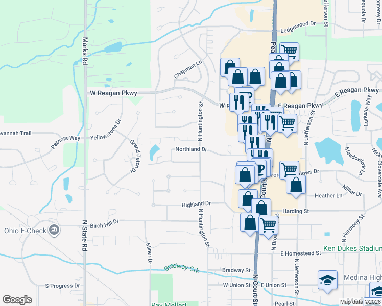 map of restaurants, bars, coffee shops, grocery stores, and more near 336 Northland Drive in Medina